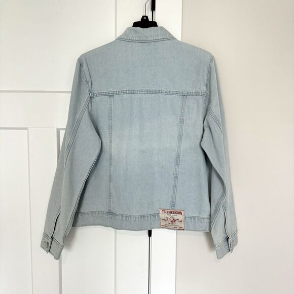 True Religion Jesse Trucker Light Blossom Wash Denim Jean Jacket S NEW Logo Flap - Picture 5 of 8